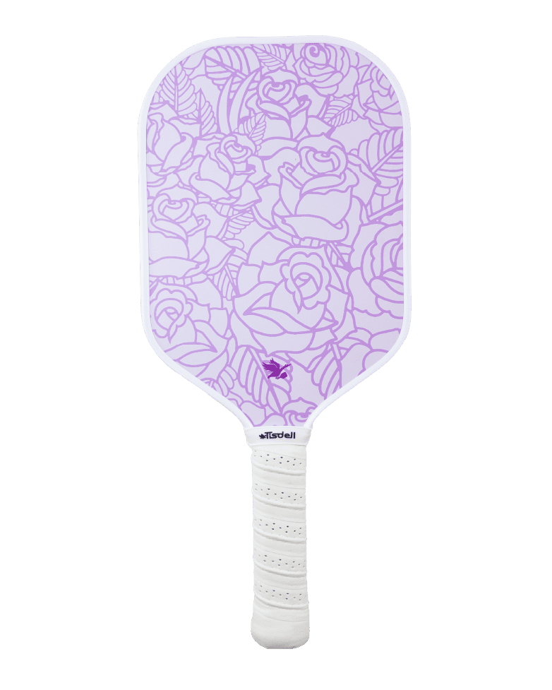 Purple pickleball paddle with floral pattern on a white background