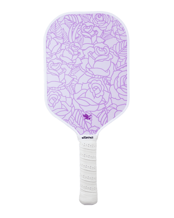 Purple pickleball paddle with floral pattern on a white background