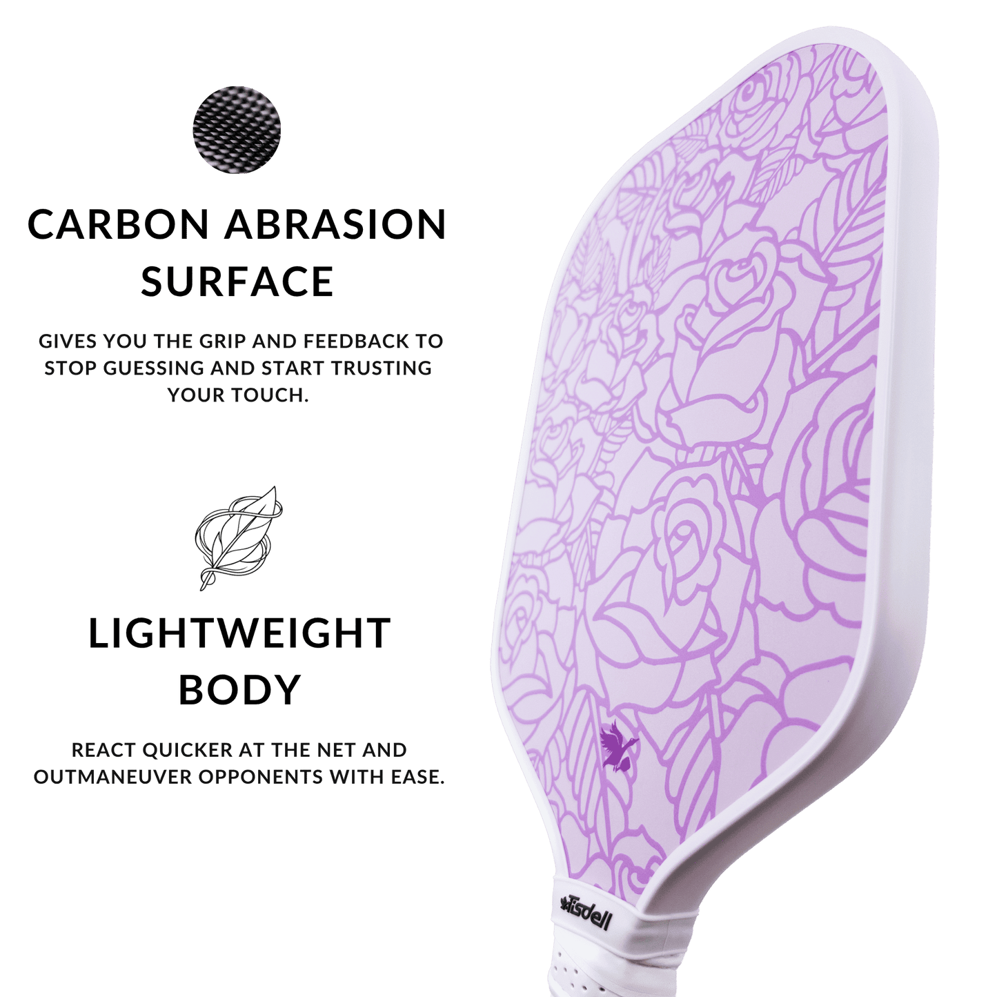 Pickleball paddle with rose floral design on a transparent background