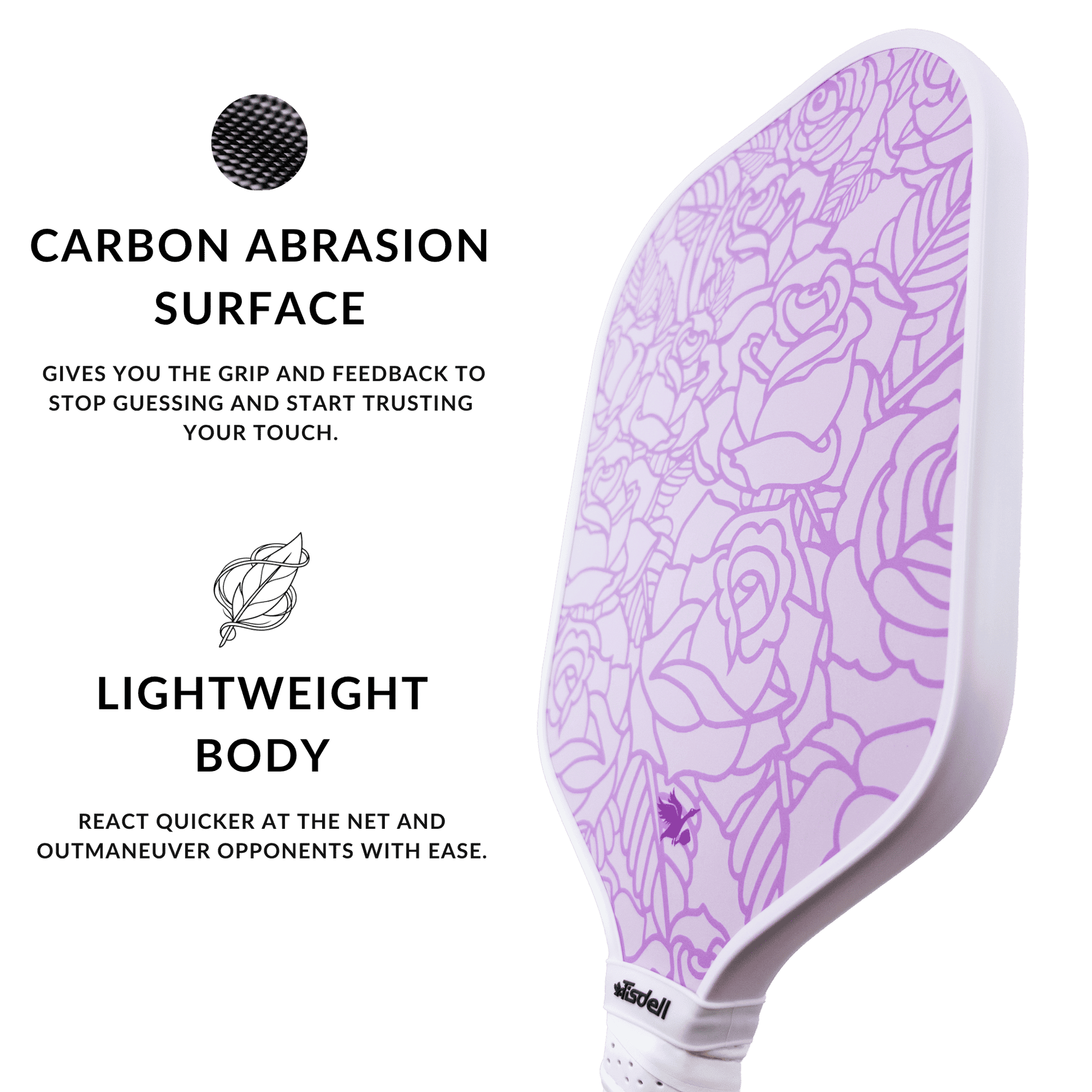 Pickleball paddle with rose floral design on a transparent background