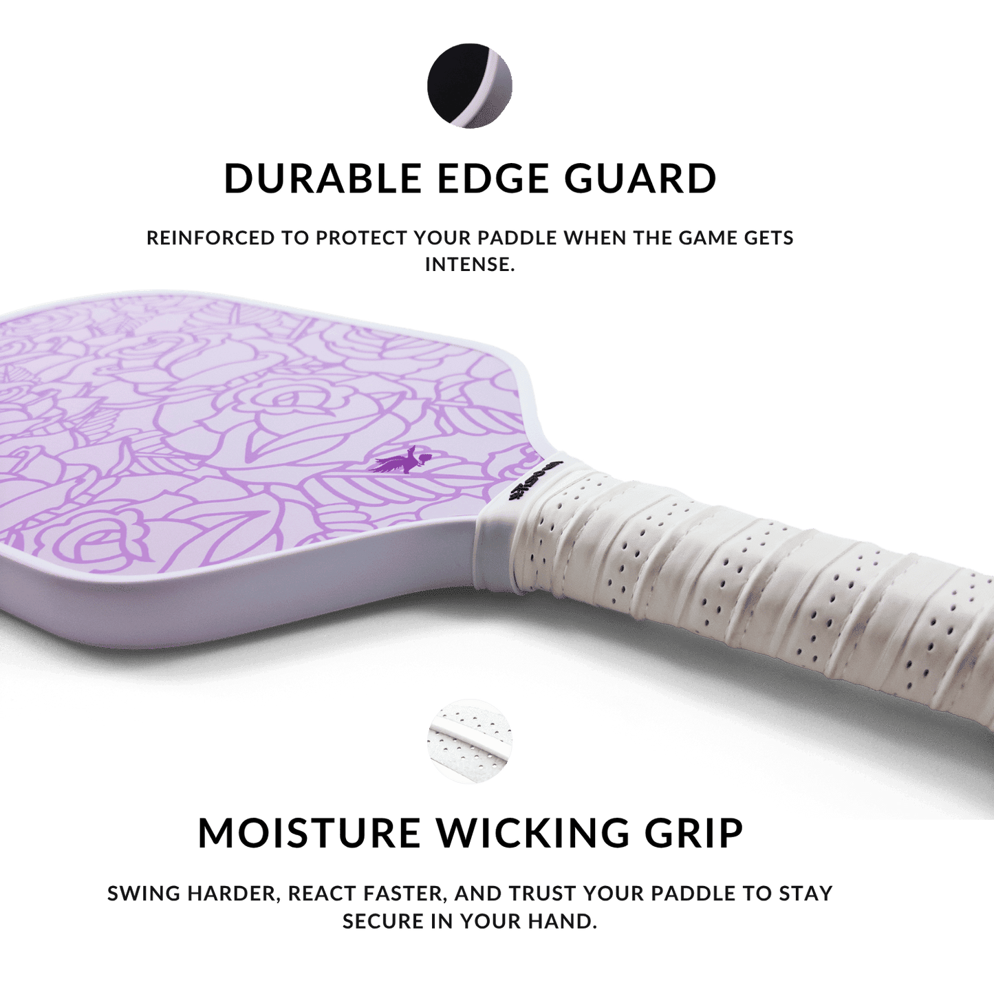 Pickleball paddle with purple design on a black background