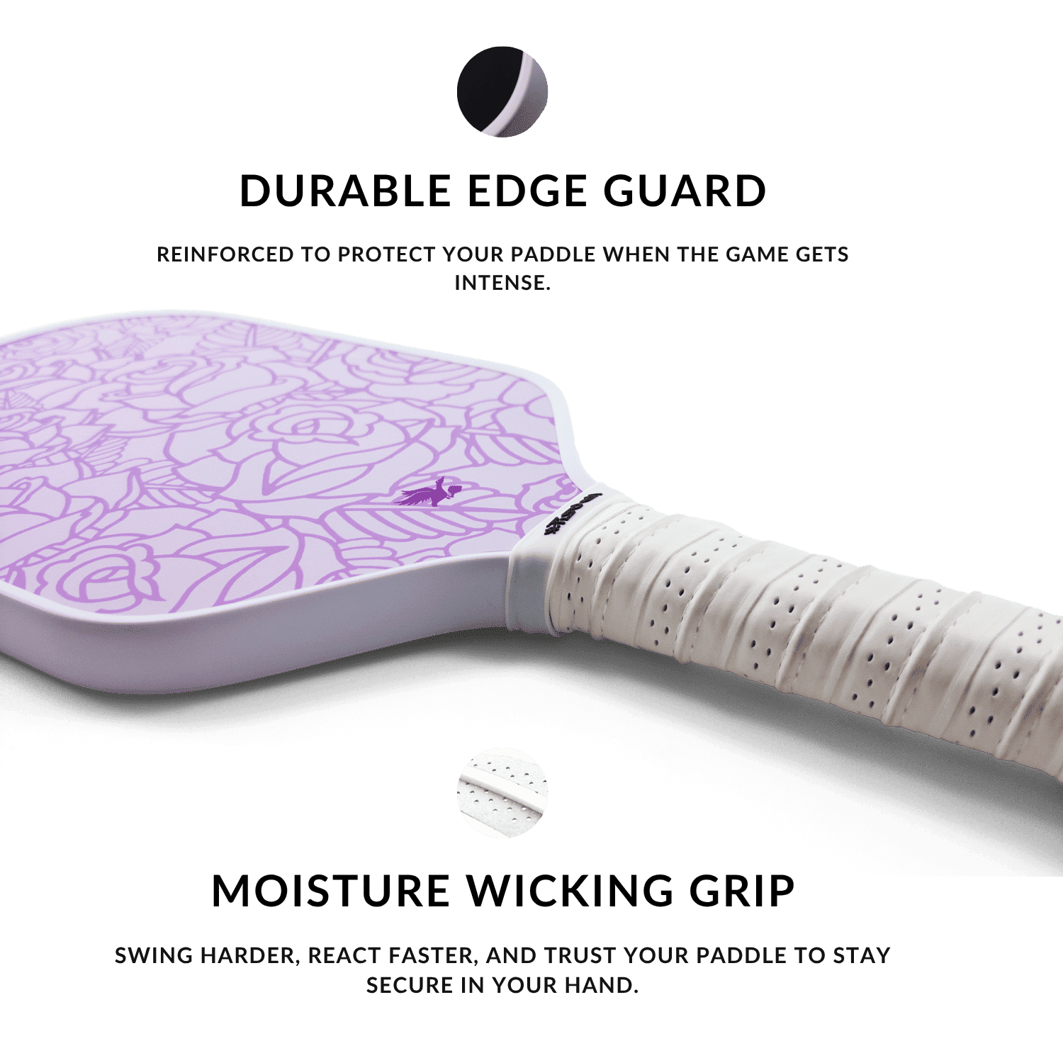 Pickleball paddle with purple design on a black background