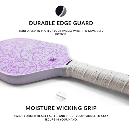Pickleball paddle with purple design on a black background