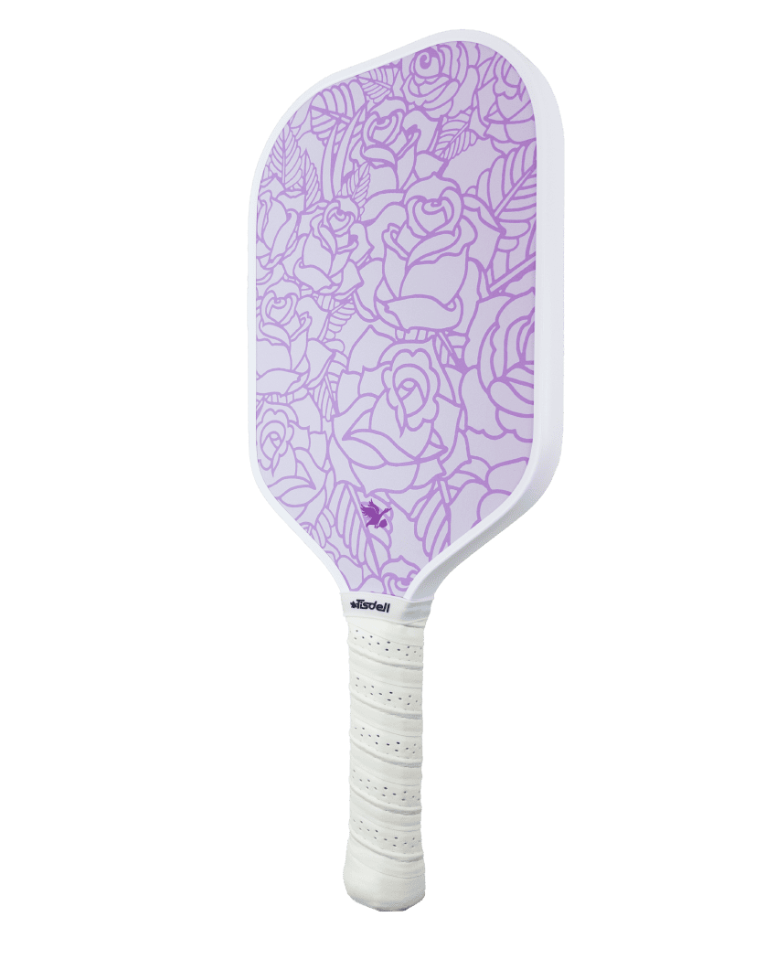 Pickleball paddle with purple rose pattern on a white background