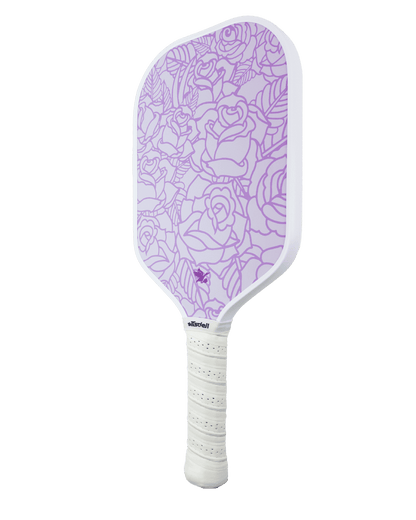 Pickleball paddle with purple rose pattern on a white background