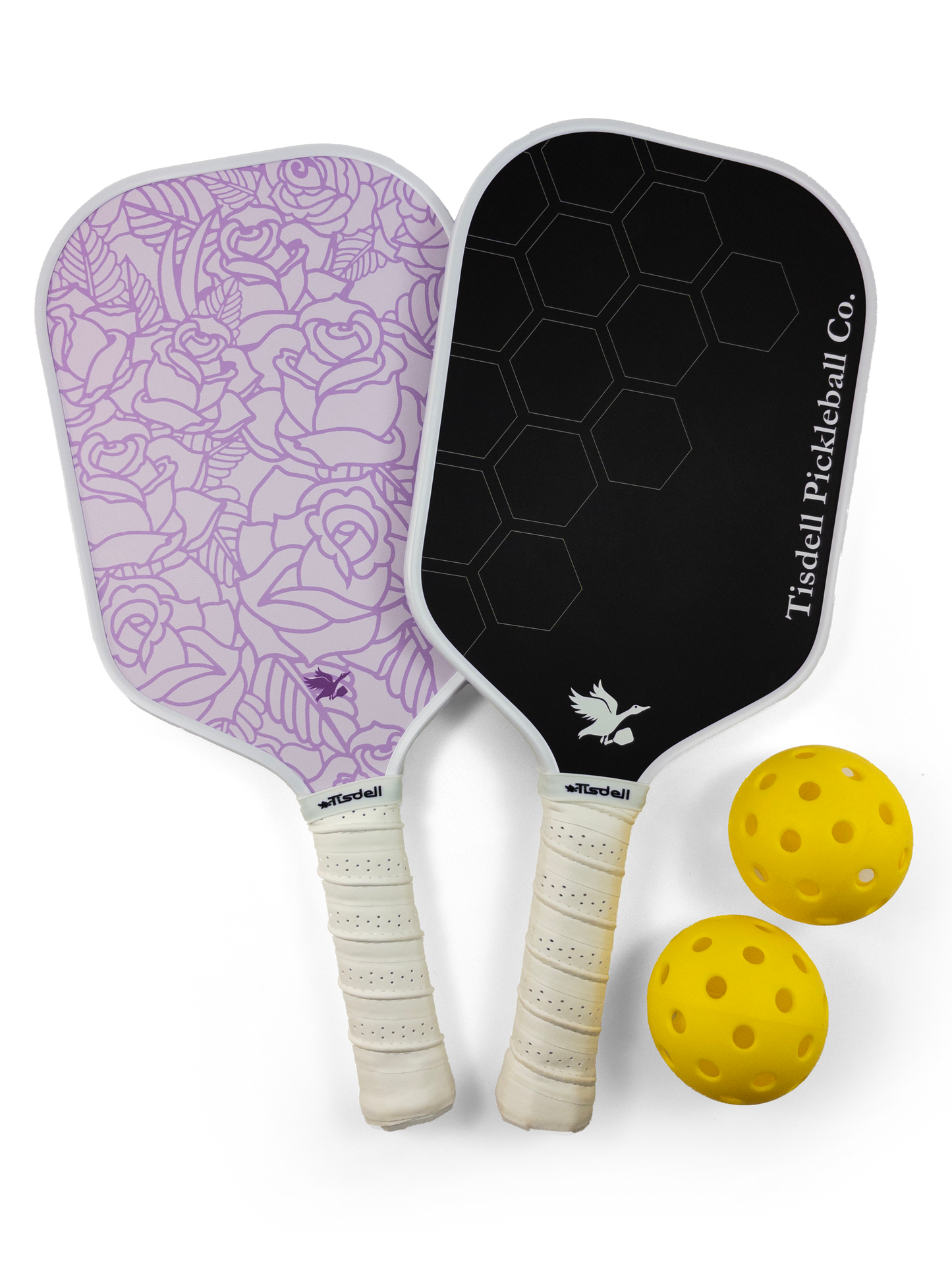 Two pickleball paddles with floral design and black surface, accompanied by two yellow balls on a white background.