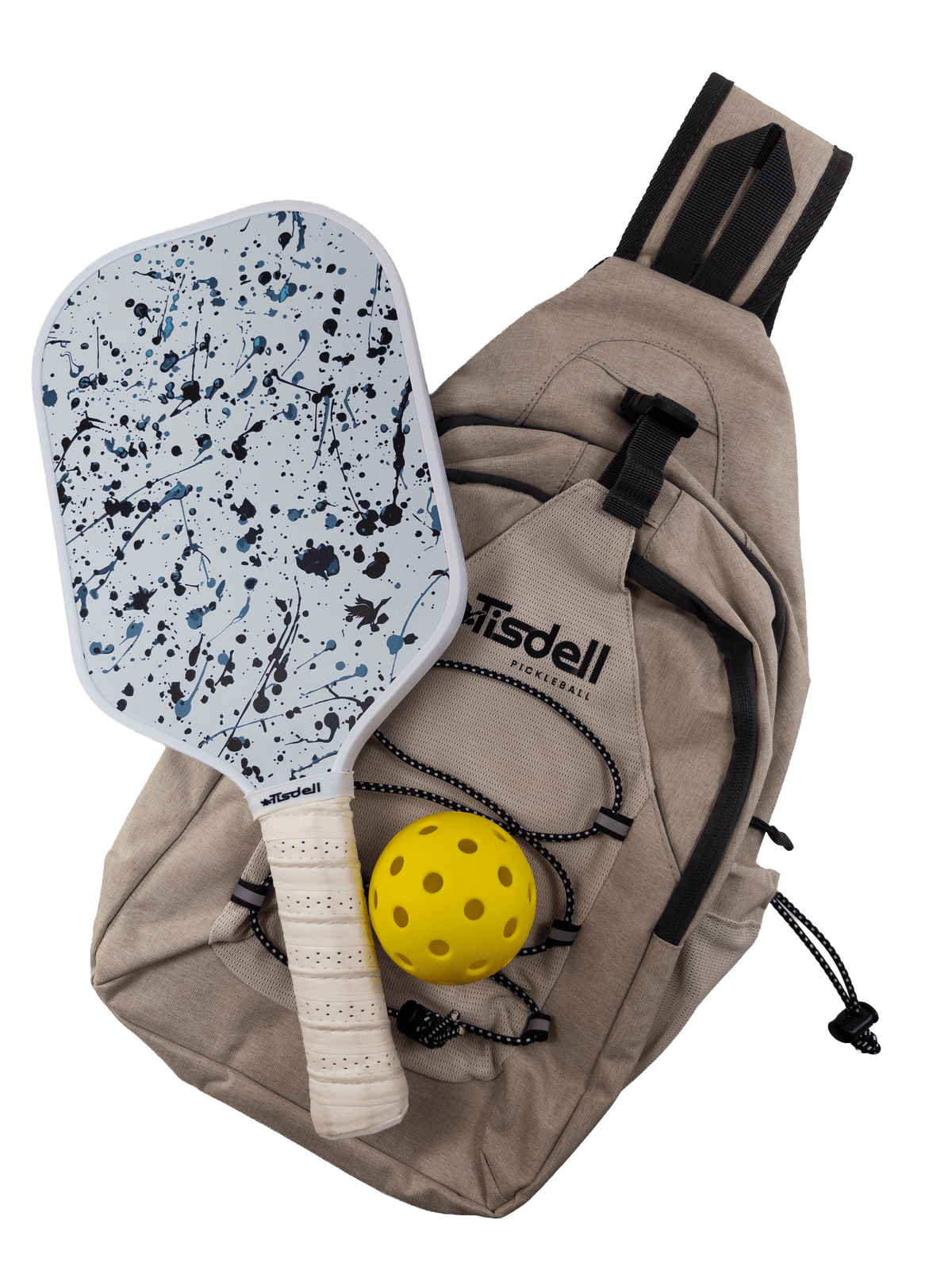 Splatter Tisdell paddle with yellow ball and beige bag on a transparent background