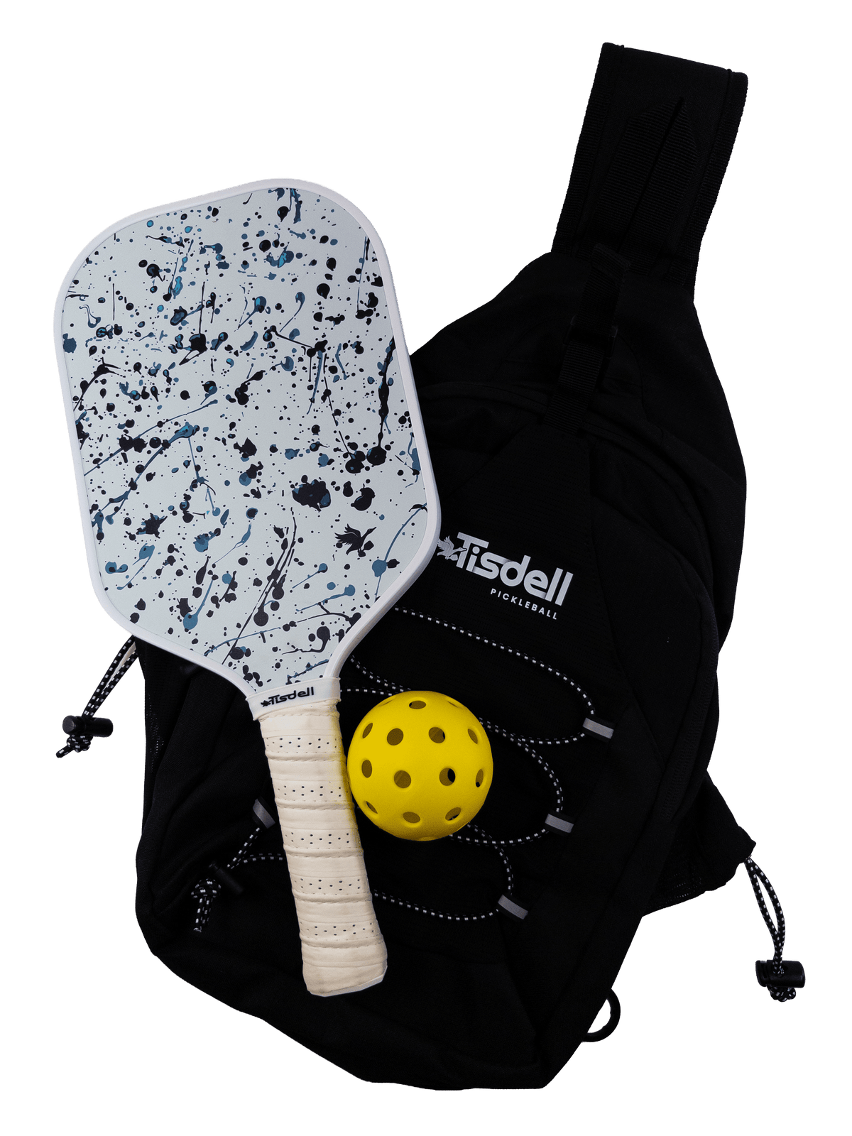 Pickleball paddle with splatter design, yellow ball, and black bag on a transparent background