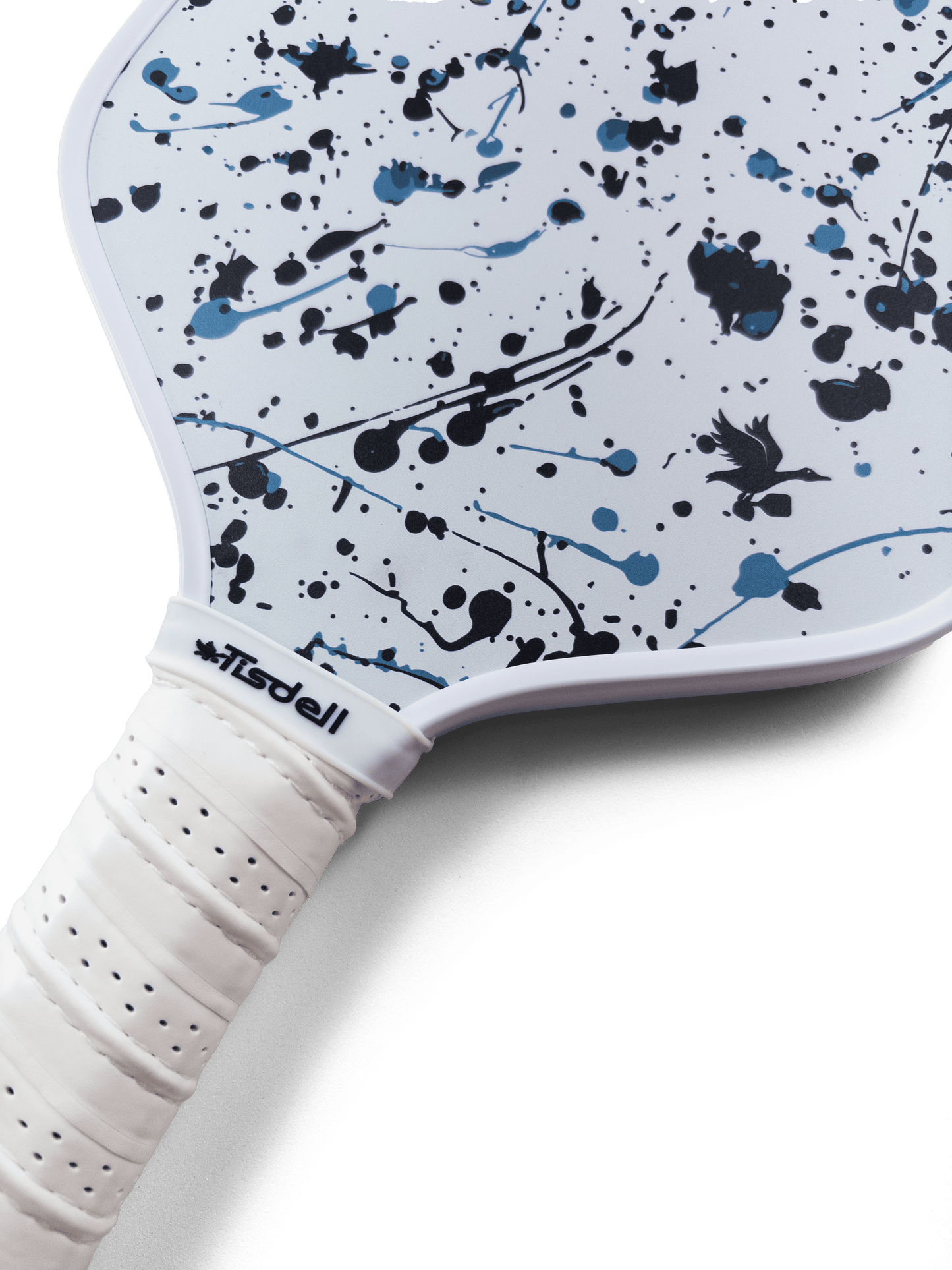 Pickleball paddle with white handle and splatter pattern on a transparent background