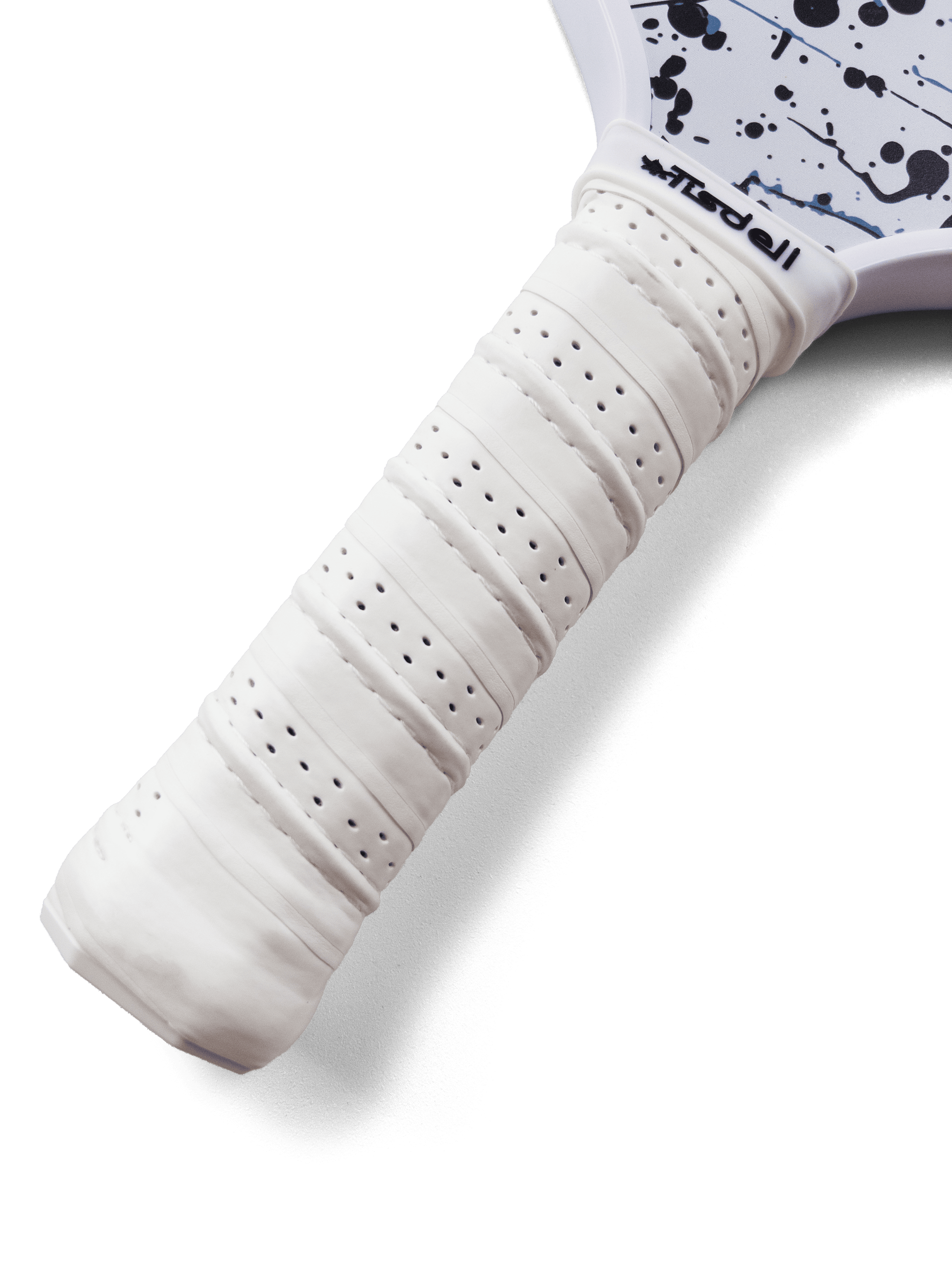 Close-up of a pickleball paddle with a white handle on a transparent background