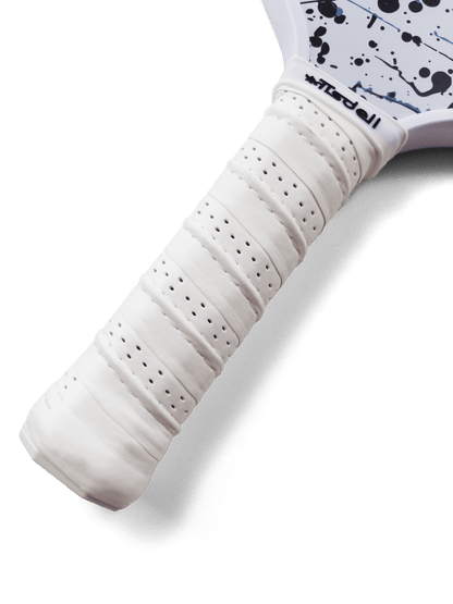 Close-up of a pickleball paddle with a white handle on a transparent background