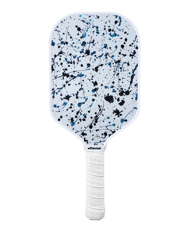 Carbon-fiber 16mm Tisdell Pickleball paddle with blue and black abstract paint splatter design.