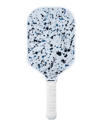 Pickleball paddle with a white handle and blue and black splatter design on a transparent background