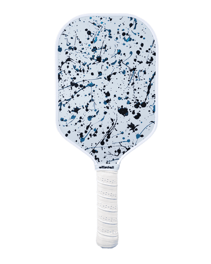 Pickleball paddle with a white handle and blue and black splatter design on a transparent background