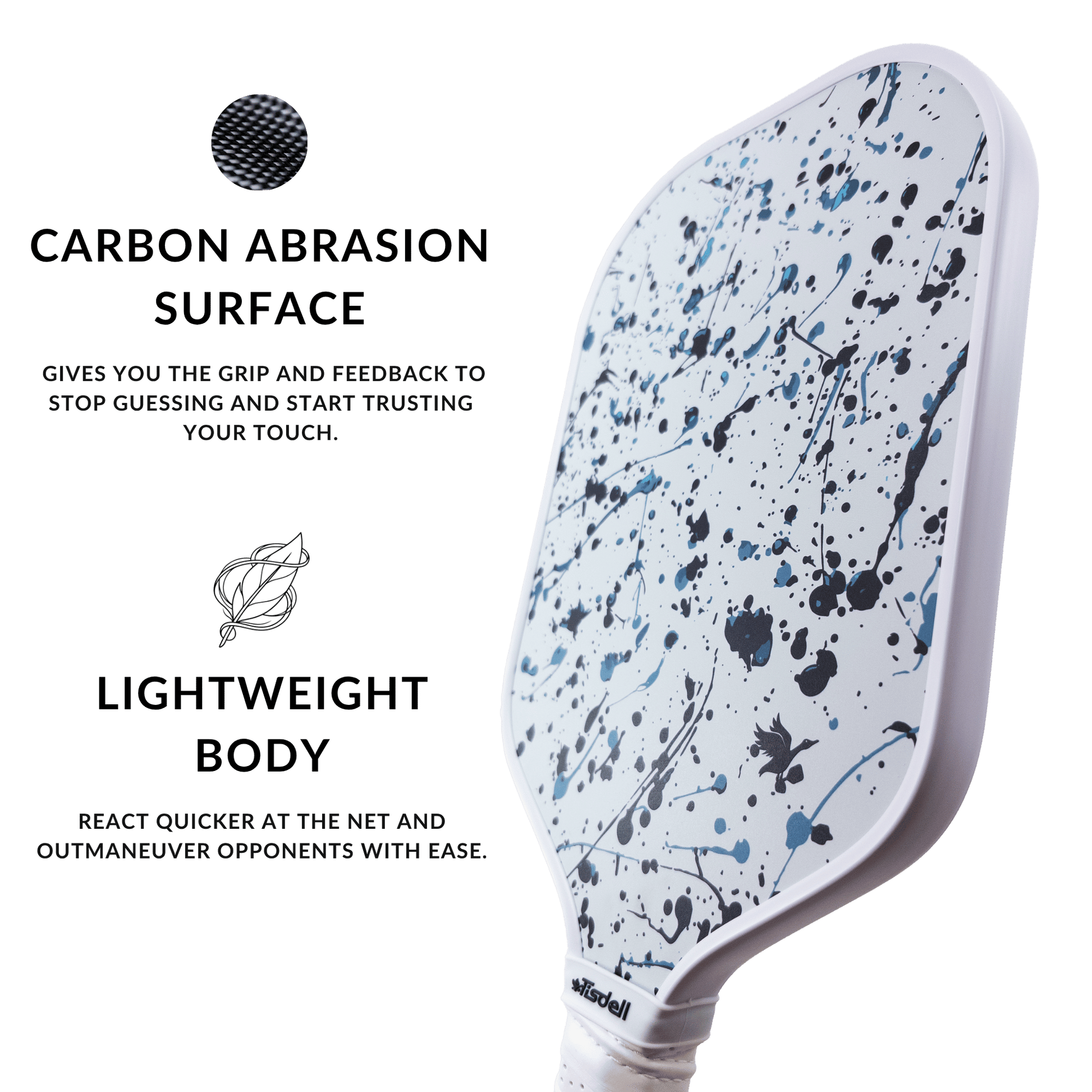 Pickleball paddle with carbon abrasion surface and lightweight body on a white background