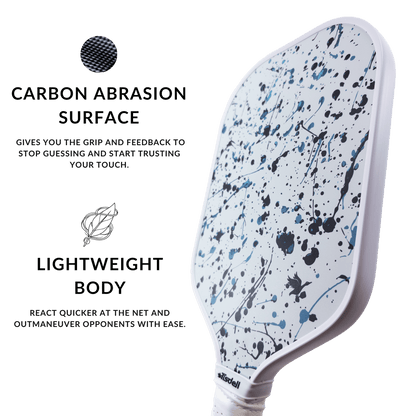 Pickleball paddle with carbon abrasion surface and lightweight body on a white background