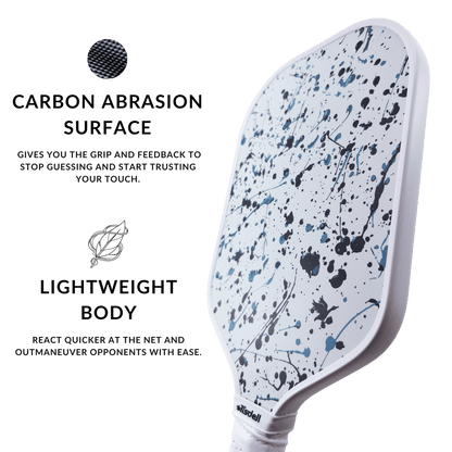 Pickleball paddle with carbon abrasion surface and lightweight body on a white background