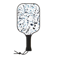 Wooden Tisdell pickleball paddle with a white and blue paint splatter pattern and a black wrapped handle from the Inception series.