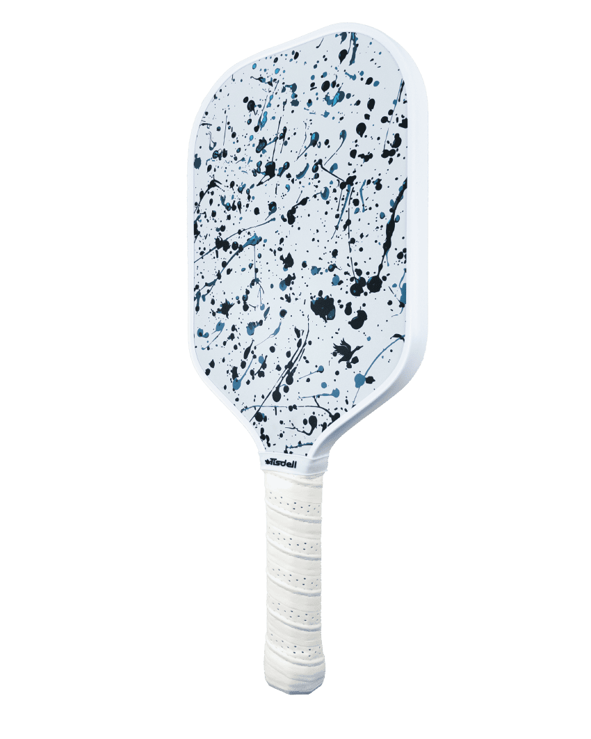 Pickleball paddle with a white handle and splatter-patterned surface on a transparent background