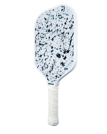 Pickleball paddle with a white handle and splatter-patterned surface on a transparent background