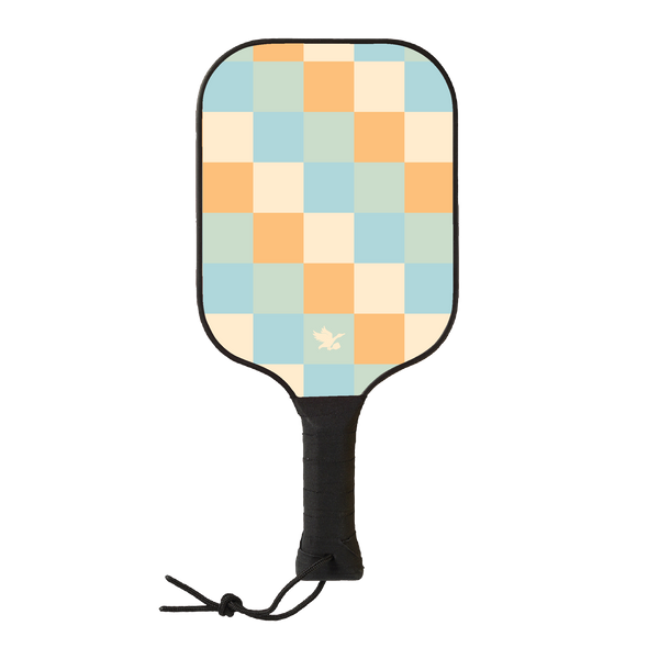 Side view of wooden Tisdell pickleball paddle with a blue, green, and orange checkered pattern and a black wrapped handle from the Inception series.