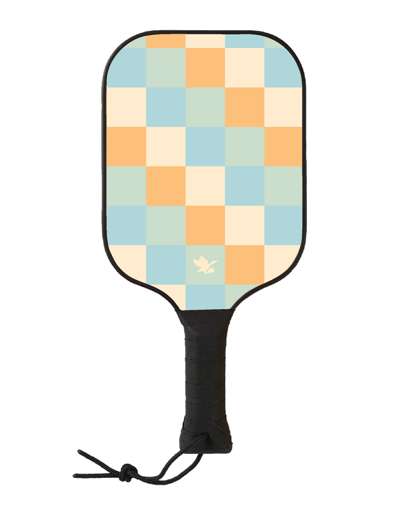 Side view of wooden Tisdell pickleball paddle with a blue, green, and orange checkered pattern and a black wrapped handle from the Inception series.